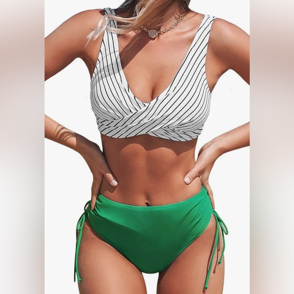 Women's Bikini SetTwo Piece Swimsuits Ruched Striped Lace up High Waisted Bottom